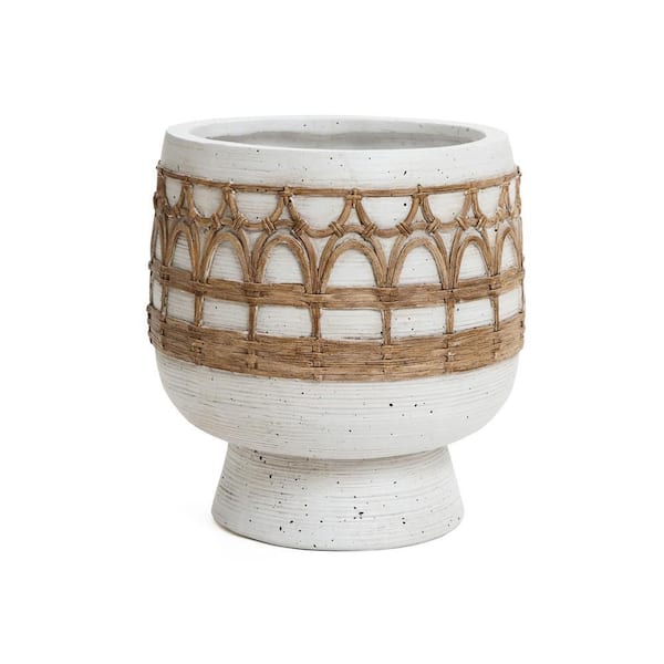 11 in. Boho White and Brown Round Ceramic Floor Planter Planter