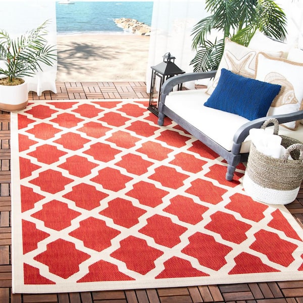 Courtyard Red/Bone 4 ft. x 4 ft. Square Geometric Indoor/Outdoor Patio  Area Rug