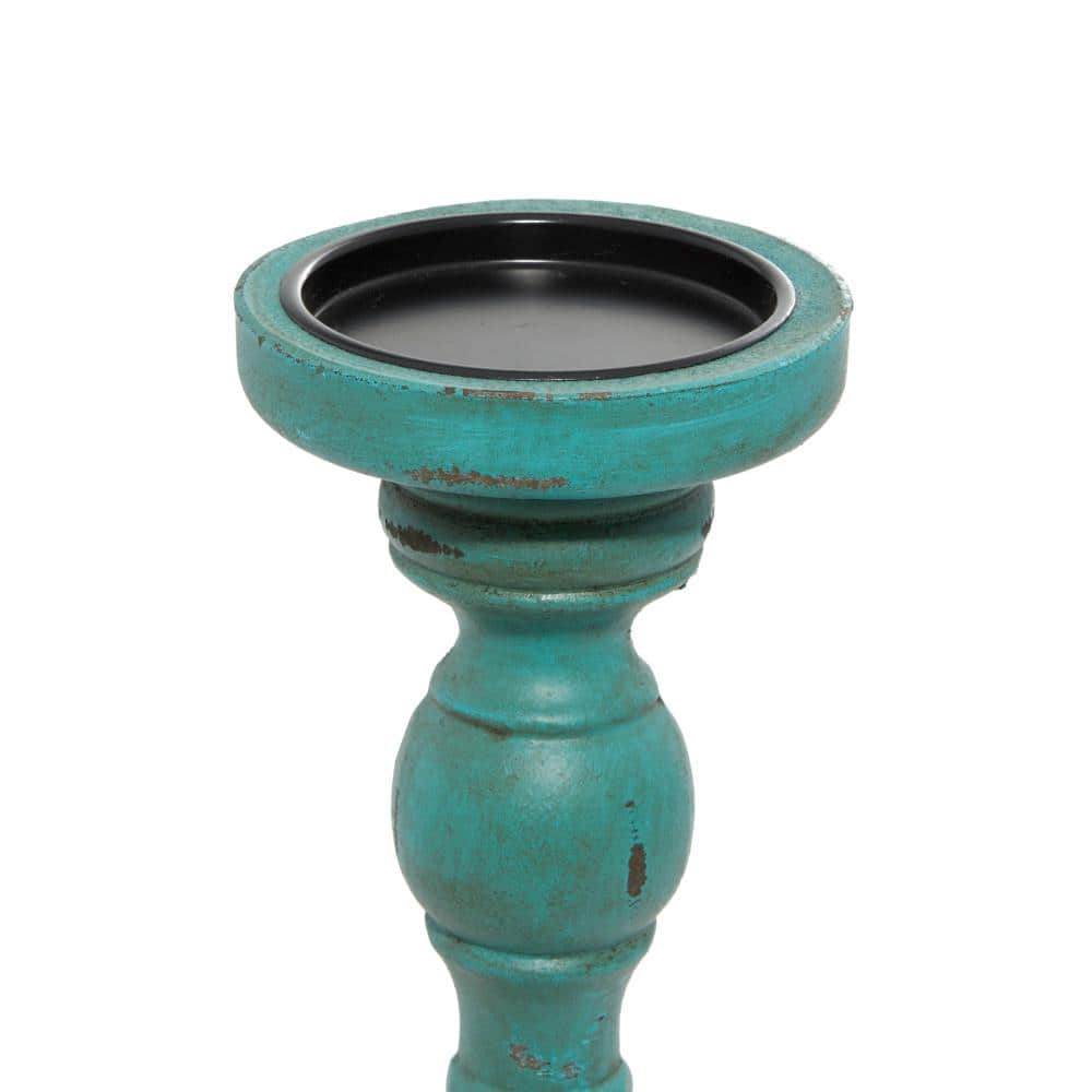 Teal Wood Fluted Pillar Candle Holders Set of 3