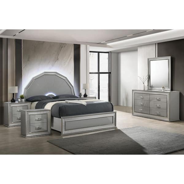 Curton 5-Piece Metallic Gray Wood Frame King Platform Bedroom Set with Rectangle Mirror, Backlit LED on 7-Ray Headboard