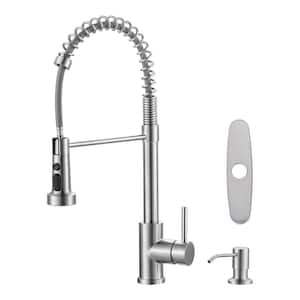 3-Spray Stainless Steel Spring Single Handle Pull Down Sprayer Kitchen Faucet with Soap Dispenser in Brushed Nickel