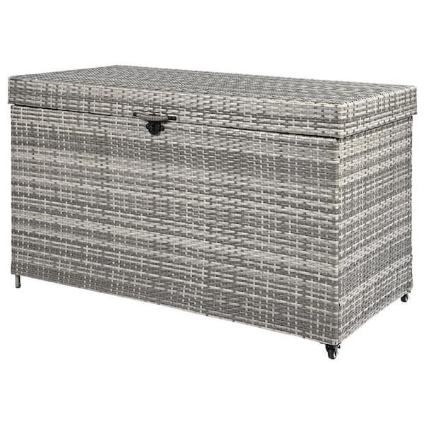 HomeAura 200 Gal. Gray Wicker Deck Box with Wheels