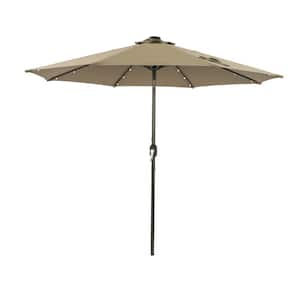 9 ft. Market Solar 32 LED Lights Octagonal Outdoor Patio Umbrella with Tilt and Crank Mechanism in Taupe