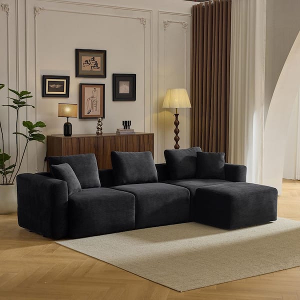 Compressed Block's Collection 112 in. W sq. Arm Corduroy L-shaped Modern Sofa in. Black with Ottoman