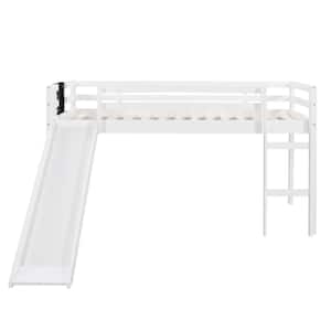White Twin size Loft Bed Wood Bed with Slide, Stair and Chalkboard