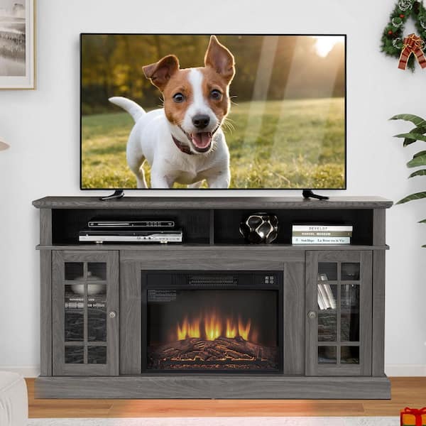 58.25 in. Freestanding Electric Fireplace TV Stand with 23 in. Electric Fireplace Insert, Storage Space, Dark Walnut