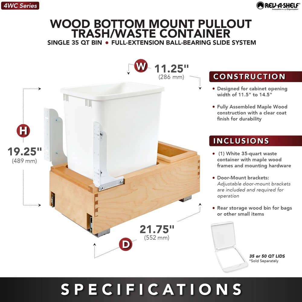 White Plastic Single 35 Qt Pull-Out Trash Bin with Maple Wood Frame