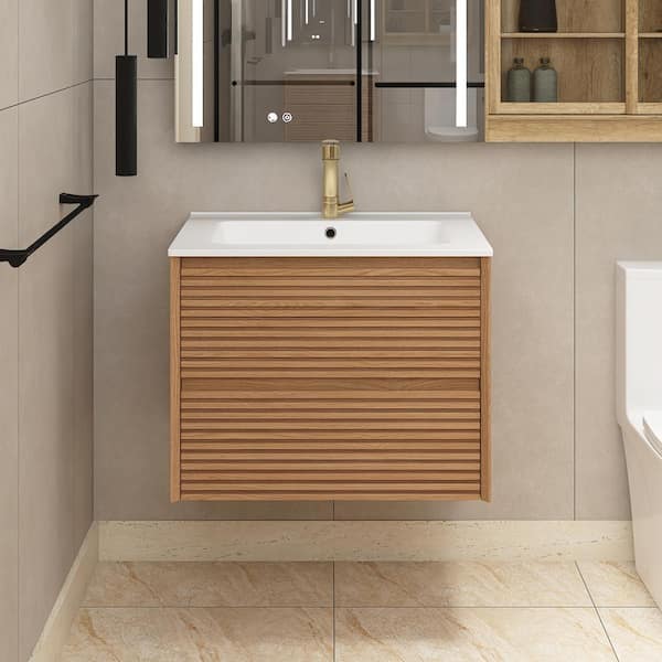 Staykiwi 24.02 in. W x 18.31 in. D x 20.4 in. H Single Sink Wall-Mounted Bath Vanity in Walnut with White Ceramic Top