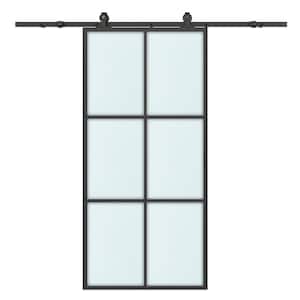 36 in. x 84 in. 6 Lite Frosted Glass Black Aluminum Frame Interior Sliding Barn Door with Hardware Kit