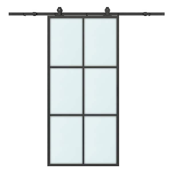36 in. x 84 in. 6 Lite Frosted Glass Black Aluminum Frame Interior Sliding Barn Door with Hardware Kit