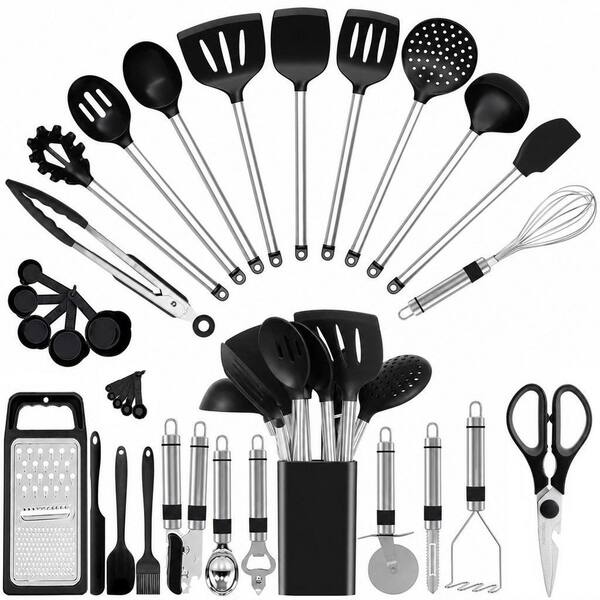 33 Piece Black Silicone and Stainless Steel Kitchen Utensil Set Includes All Need to Cook Utensil for Nonstick Cookware