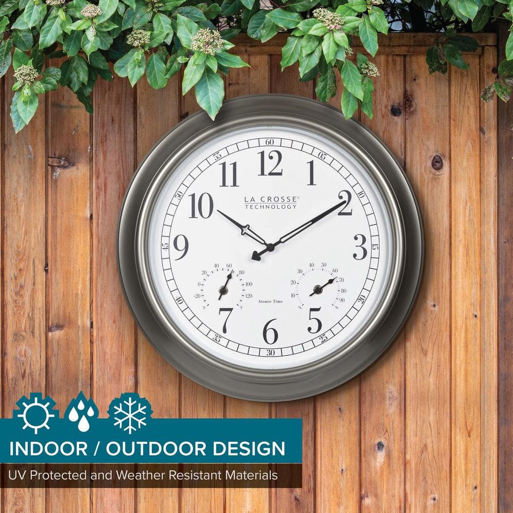 18" Silver Atomic Outdoor Clock with Thermometer and Hygrometer