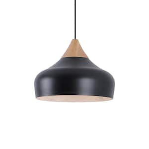 Jason 13 in. 60-Watt 1-Light Matte Black Pendant Light with Black Spinning Metal Round Shadeand Natural Rubber Wood Top