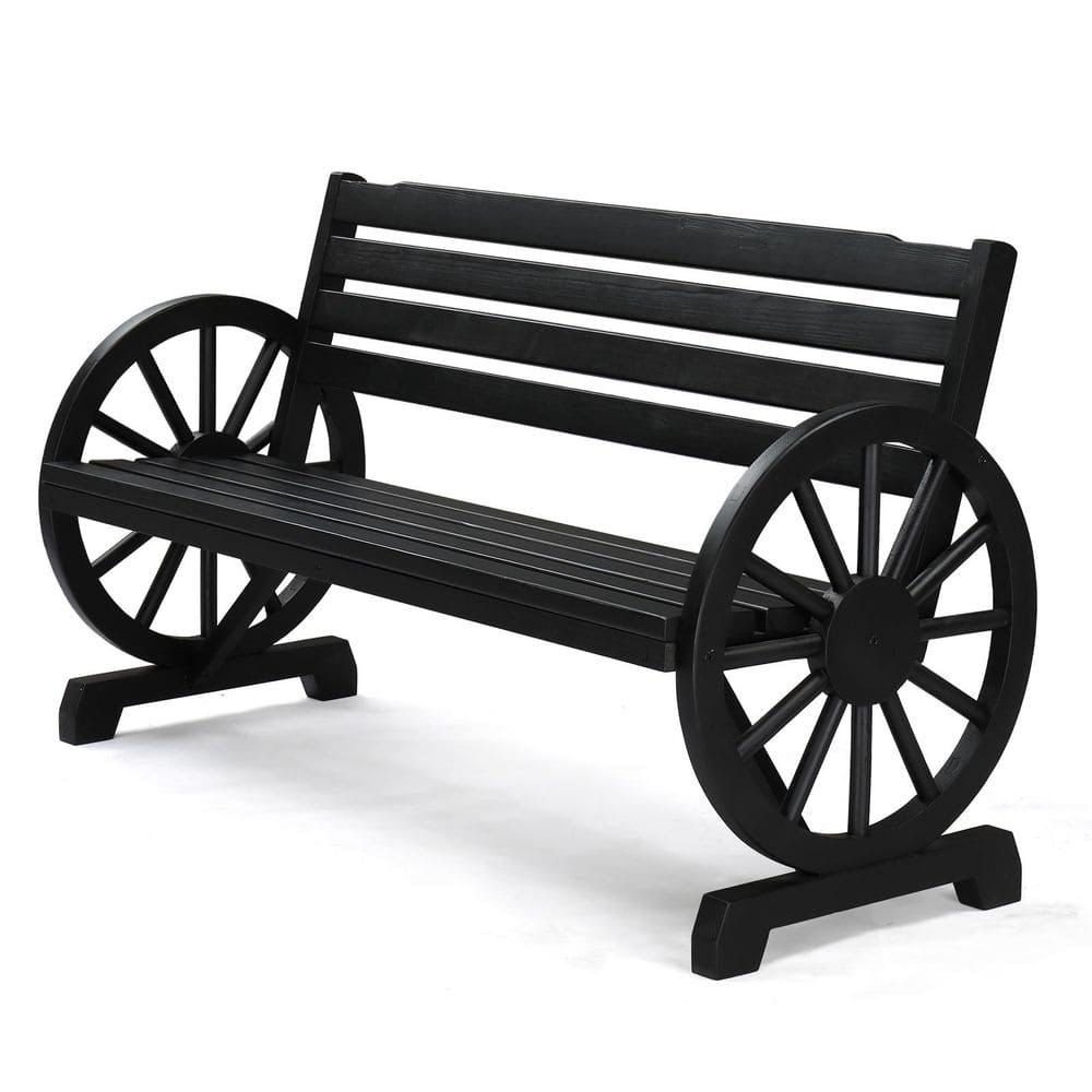 56in Black Rustic Wagon Wheel Bench Wood Outdoor Bench, 2-Person Patio Bench Wagon Slatted Seat for Garden Porch Yard price history on PriceWatchPro