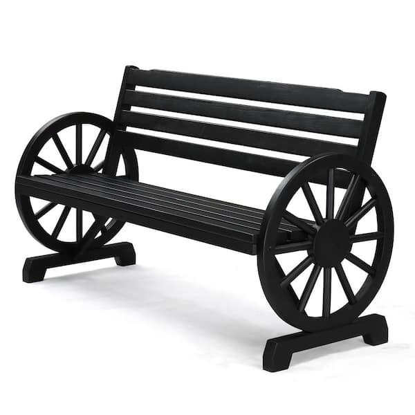 56in Black Rustic Wagon Wheel Bench Wood Outdoor Bench, 2-Person Patio Bench Wagon Slatted Seat for Garden Porch Yard