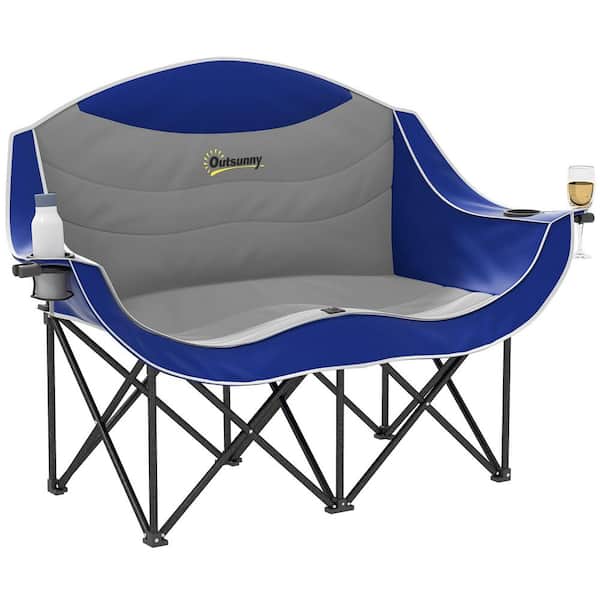 Double Camping Chair, Padded Folding Camp Chair for 2 Person with Armrest, Holder, Carry Bag, up to 551 lbs., Blue