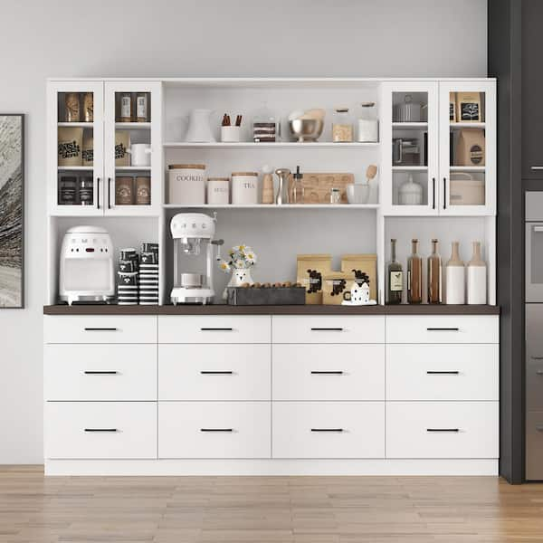 White Walnut Top Wood 94.5 in. W Sideboard Cabinet with 12-Drawers, 6-Open Shelves and White Thickened Large Tabletop