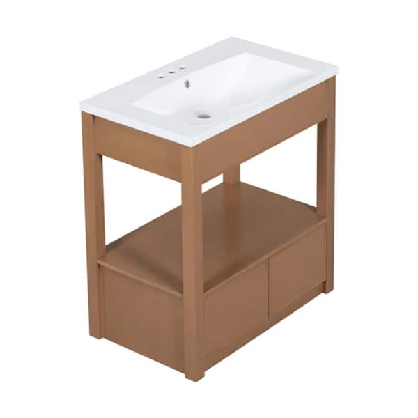 Aoibox 30 in. W x 18 in. D x 34 in. H Single Sink Freestanding Bath Vanity Cabinet in Brown with White Ceramic Sink Top