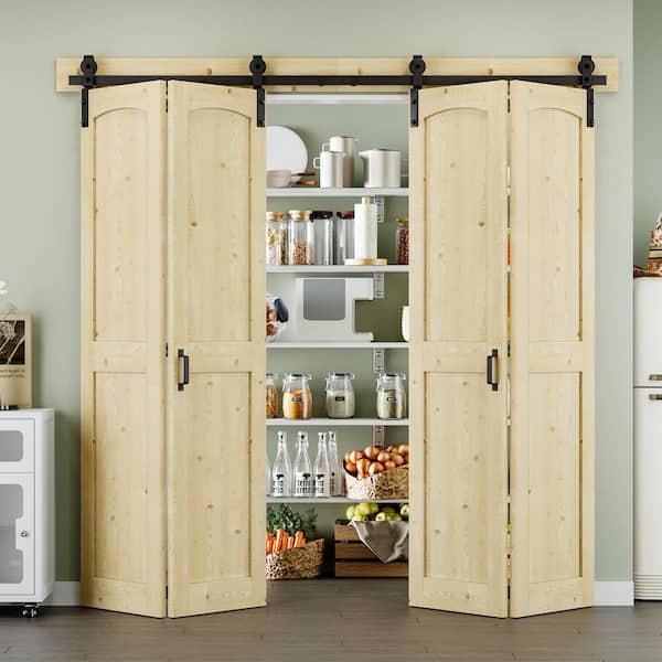 80 in. x 84 in. Paneled H Shape Solid Pine Wood Unfished Bi-fold Sliding Barn Door with Hardware Kit and Handle
