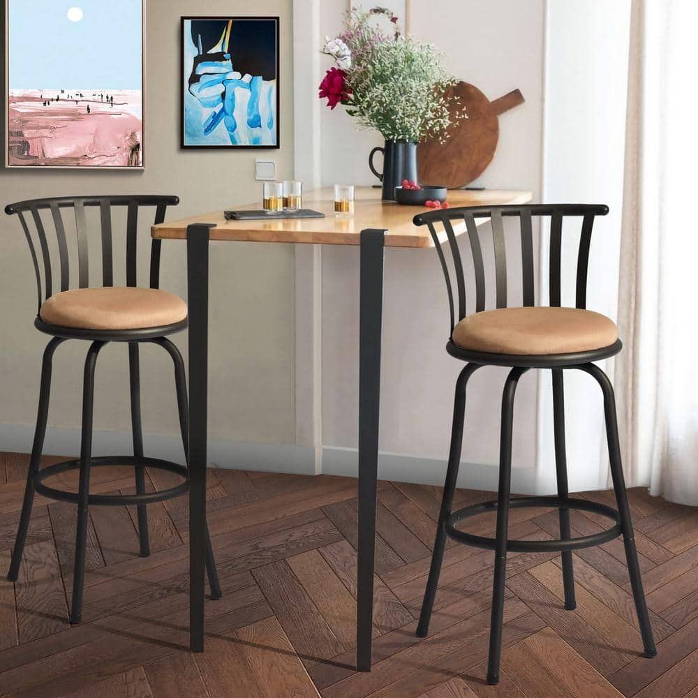 Homy Casa Pistil 29 in. Camel Slat Back Metal Frame Swivel Bar Stool With Fabric Cushioned Seat(Set of 2), Camel-Pistil