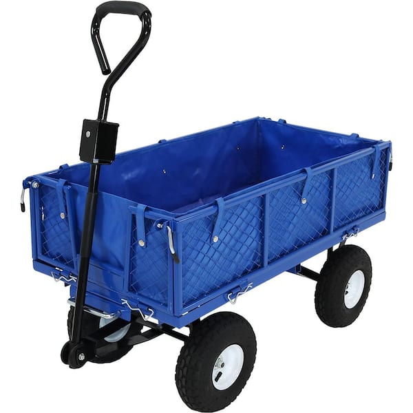 Sunnydaze Heavy-Duty Steel Dumping Utility Garden Cart with Folding Sides and Poly Liner Set - Blue