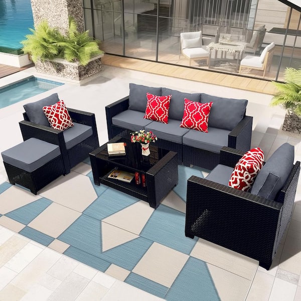 Black 7-Piece PE Rattan Wicker Patio Conversation Set with Gray Cushions and Coffee Table