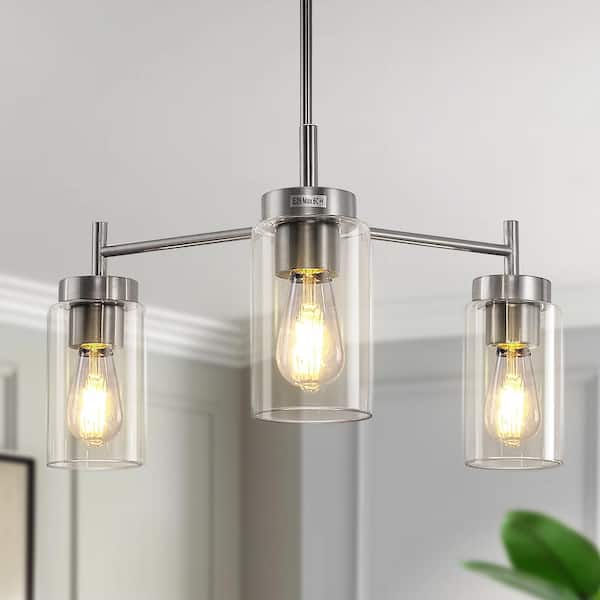 YANSUN 3-Light Brushed Nickel Chandelier with Clear Glass Shades - Modern Pendant Lighting Fixture for Dining Room or Kitchen