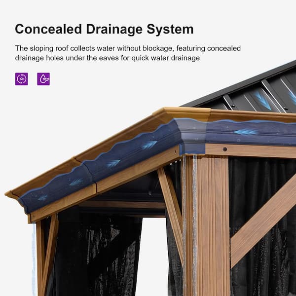 12 ft. x 18 ft.Wood Grain Patio Outdoor Gazebo for Backyard Hardtop Aluminum Frame with Hooks, Upgrade Netting 24-Lights