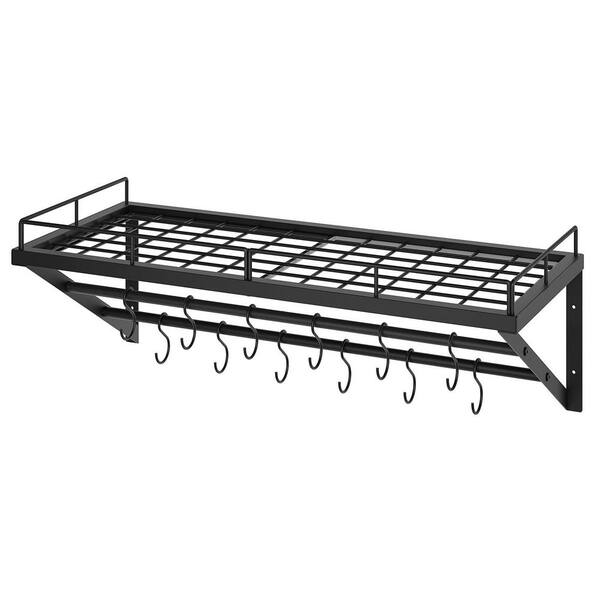Black 29.7 in. Wall Mounted Metal Pot Rack with 2-Tier Hanging Rails, 12 S-Hooks for Kitchen Cookware Organizer