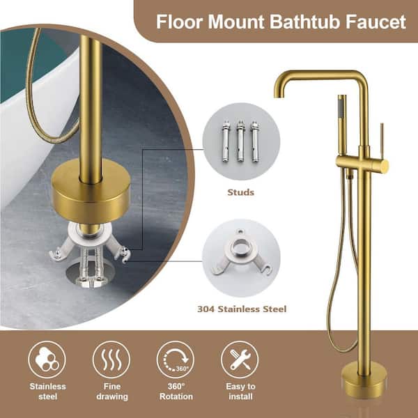 Single-Handle Freestanding Tub Faucet with Hand Shower in Brushed Brass