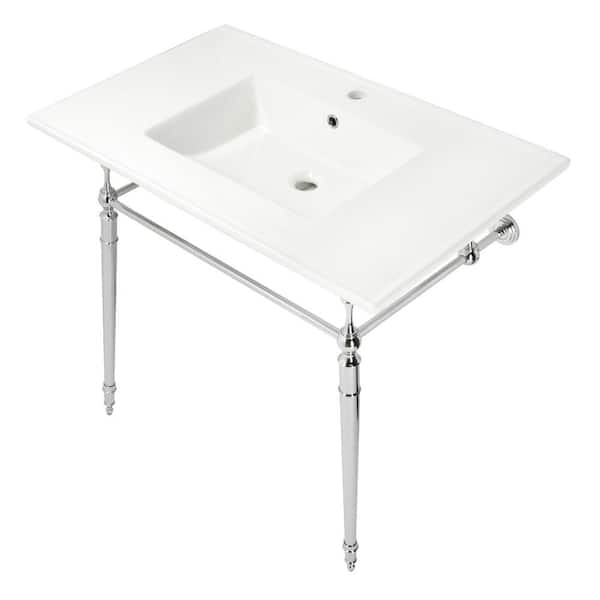 Kingston Brass Edwardian 37 in. Ceramic Console Sink Set in White/Polished Chrome