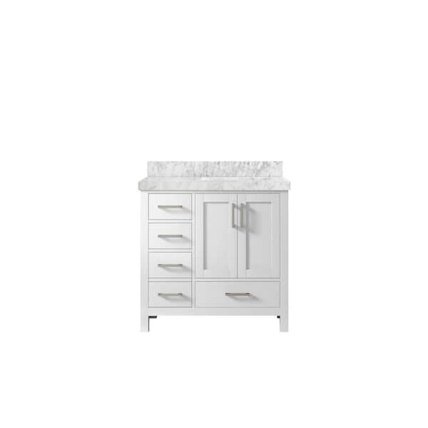 Willow Collections Malibu 36 in. W x 22 in. D x 36 in. H Right Offset Sink Bath Vanity in White with 2 in. Carrara Marble Top