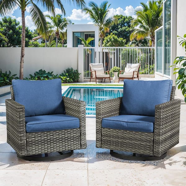 Bellefurn UvaNest 2-Piece Gray Wicker Outdoor Swivel Glider Rocking Chair with Blue Cushion and Deep Seating Set