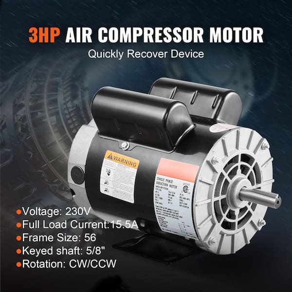 3HP Air Compressor Motor, 3450RPM 56 Frame, 5/8 in. Keyed Shaft, 230V 15. 5A Electric Motor, CW/CCW Rotation