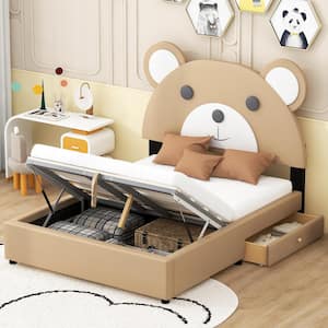 Brown Wood Frame Full Size PU Upholstered Bear Shaped Platform Bed with Hydraulic Storage System, 2-Storage Drawers