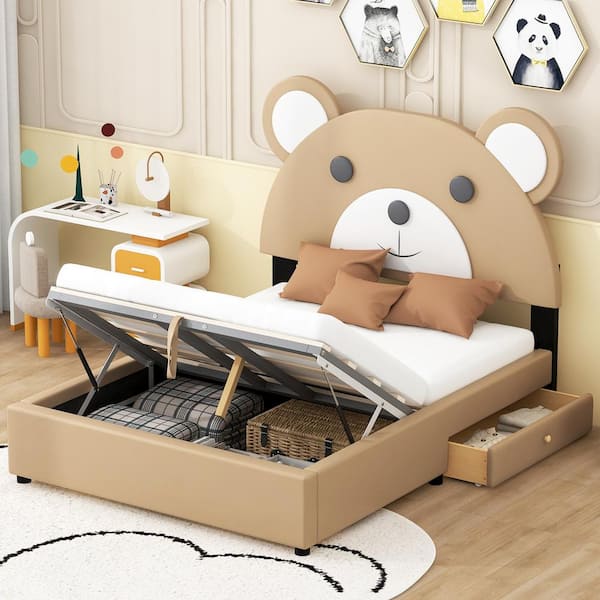 Harper & Bright Designs Brown Wood Frame Full Size PU Upholstered Bear Shaped Platform Bed with Hydraulic Storage System, 2-Storage Drawers