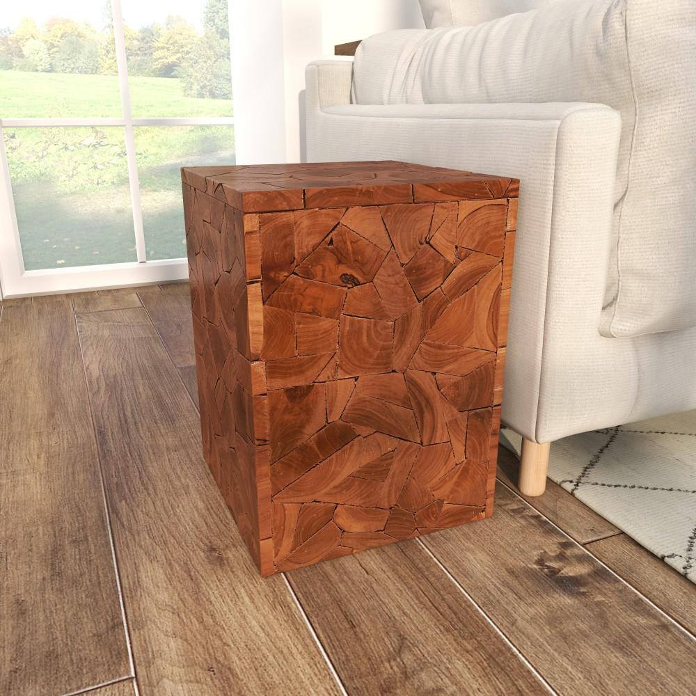 Handmade Teak Wood Mosaic Accent Table 12" Square in Brown