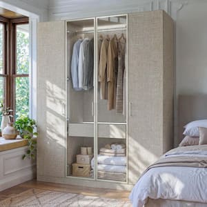 1-Piece Gray Wood King Bedroom Set with LED Light, Glass Doors, Hanging Rod, Shelves, Metal Handles for Bedroom