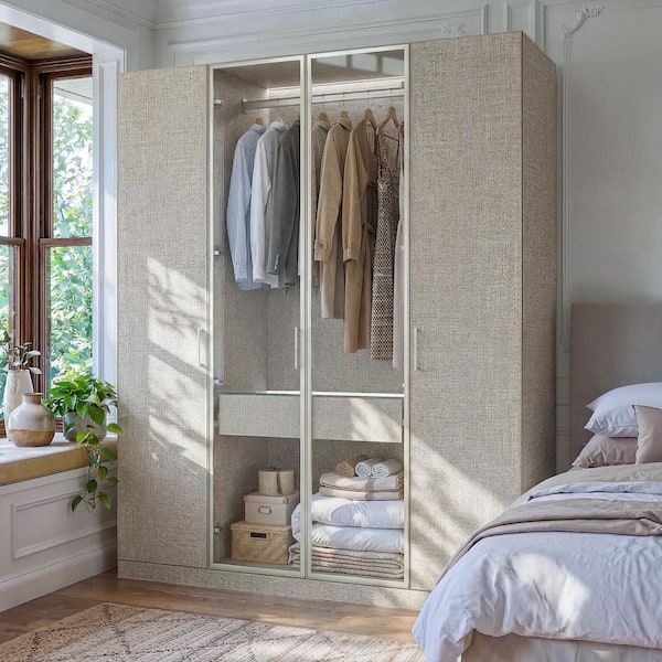 1-Piece Gray Wood King Bedroom Set with LED Light, Glass Doors, Hanging Rod, Shelves, Metal Handles for Bedroom