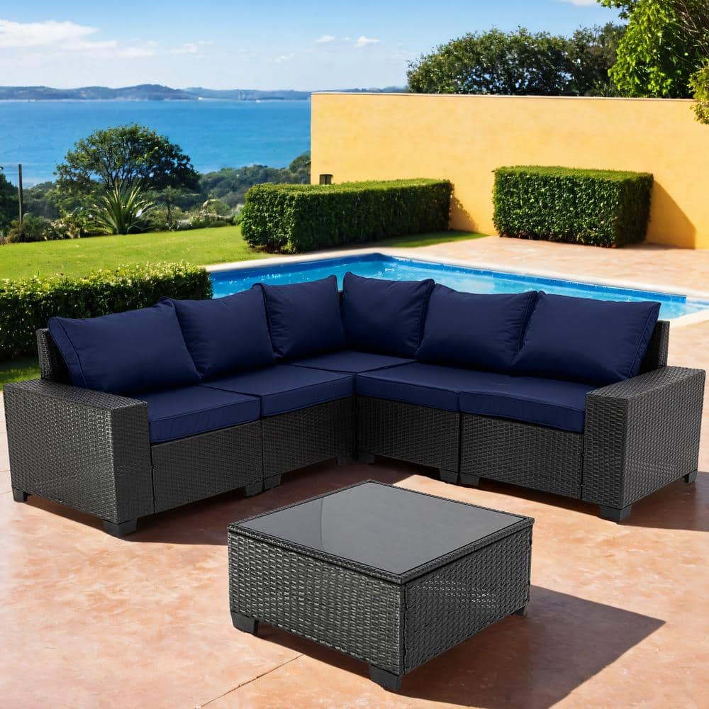 Coffee Frame 6-Piece Wicker Outdoor Sofa Sectional Set with Dark Blue Cushi