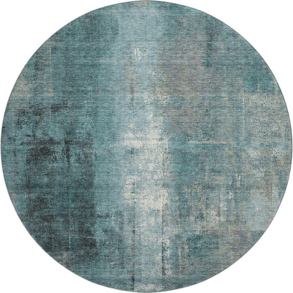 Mayfield Premium Machine Washable Abstract AMF1980 Teal 8 ft. x 8 ft. Round Rug