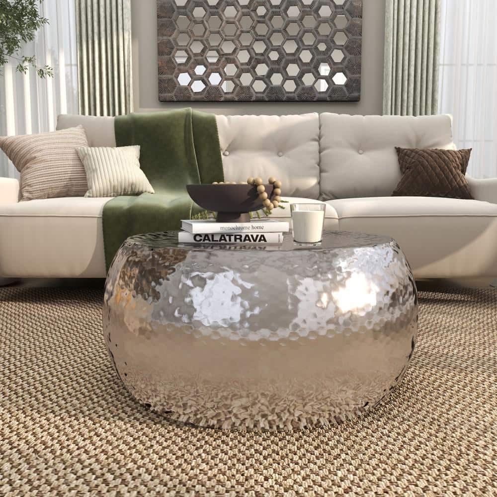 Silver Drum Shaped Metal Coffee Table with Lift-Top Storage