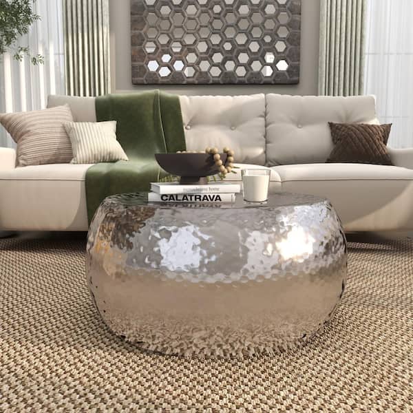 Litton Lane 30 in. Silver Round Aluminum Drum Shaped Coffee Table with Hammered Design 23912