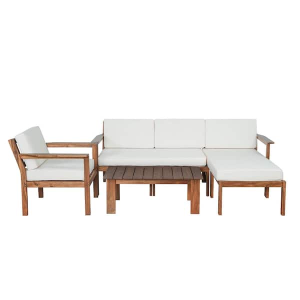 Unbranded 4 Pieces Acacia Wood Patio Conversation Set, Multi-person Sofa Set with A Small Table, with Beige Cushions for Garden