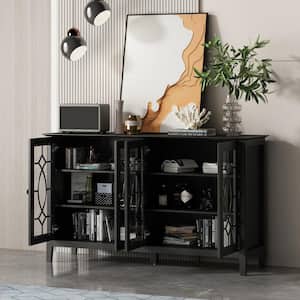 Black Wood Storage Cabinet TV Console with 4-Glass Doors, Adjustable Shelves