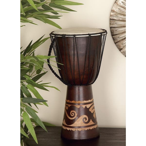 10 in. x 16 in. Brown Wood Handmade Djembe Drum Sculpture with Rope Accents