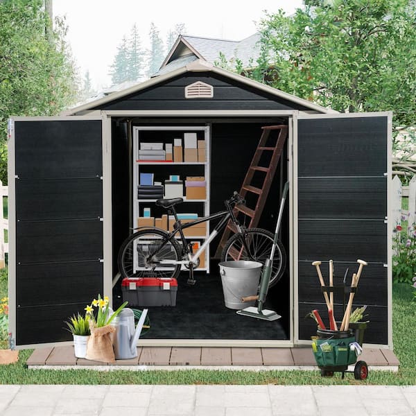 Outdoor 6 ft. W x 8 ft. D Resin Storage Shed with Floor, Window and Lockable Doors Black (48 sq. ft. )