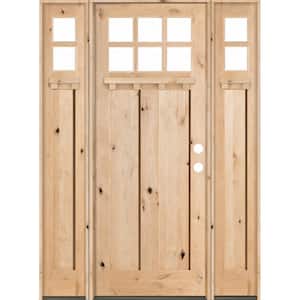 64 in. x 96 in. Craftsman Knotty Alder 2 Panel 6-Lite DS Unfinished Left-Hand Inswing Prehung Front Door with Sidelites