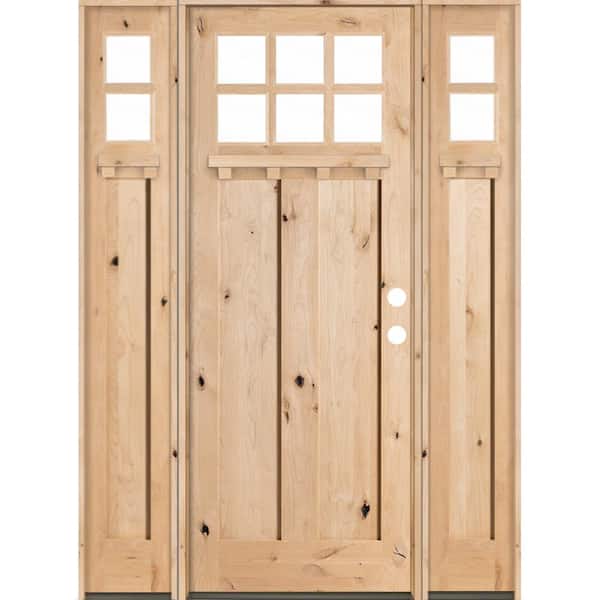 64 in. x 96 in. Craftsman Knotty Alder 2 Panel 6-Lite DS Unfinished Left-Hand Inswing Prehung Front Door with Sidelites