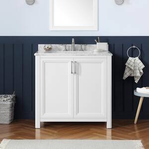Sandon 36 in. W x 22 in. D x 34.5 in. H Single Sink Bath Vanity in White with Carrara Marble Top